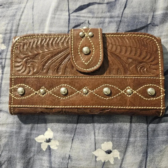 American West Handbags - Rustic Hand Tooled Western Genuine Leather Wallet Checkbook  American West